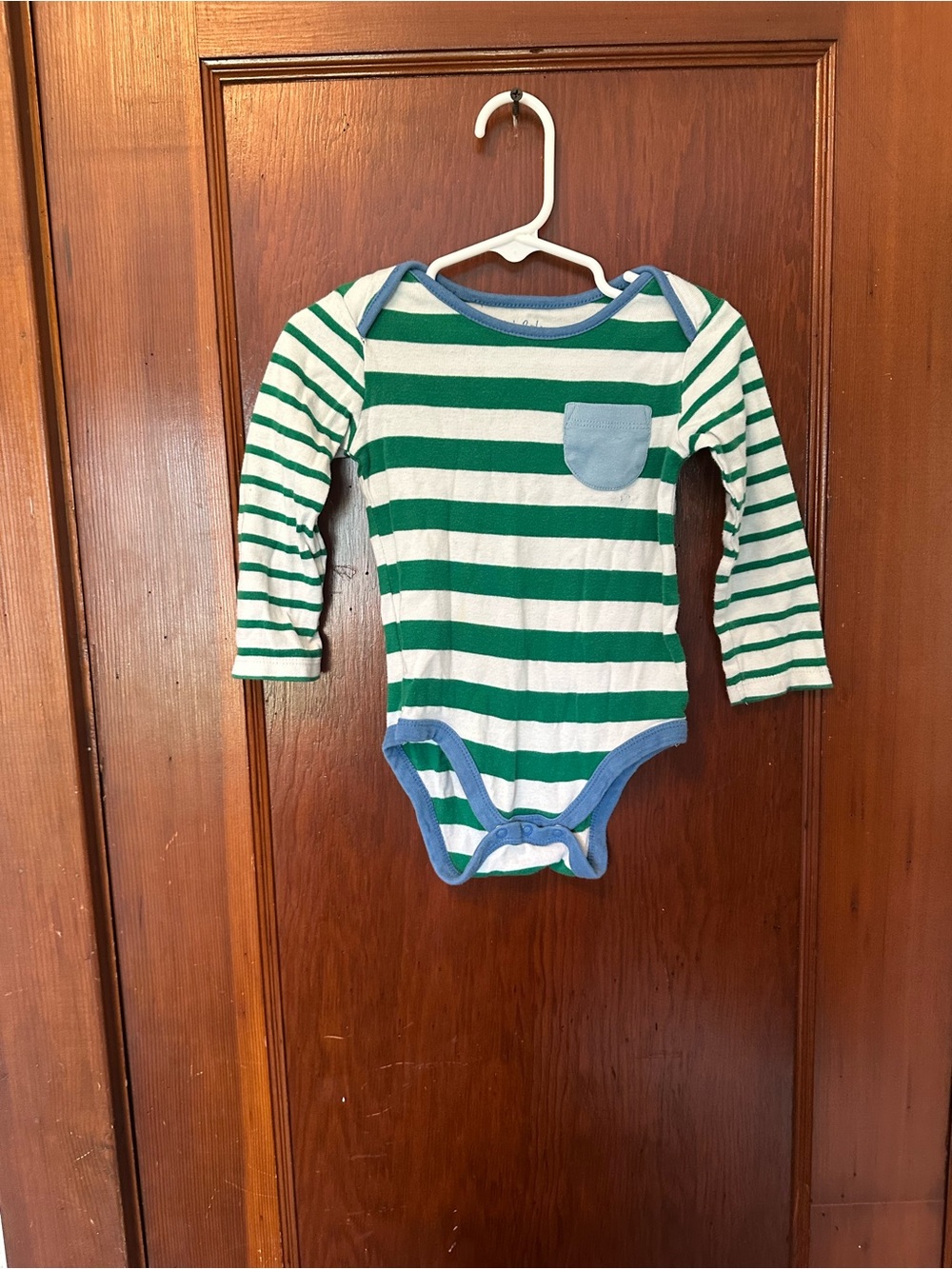 Baby Boden Green and White Striped Long-Sleeve Bodysuit with Blue Trim